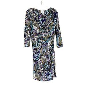 Carmen Marc Valvo Womens V-Neck Sheath Dress Size S Purple Multi Paisley Stretch